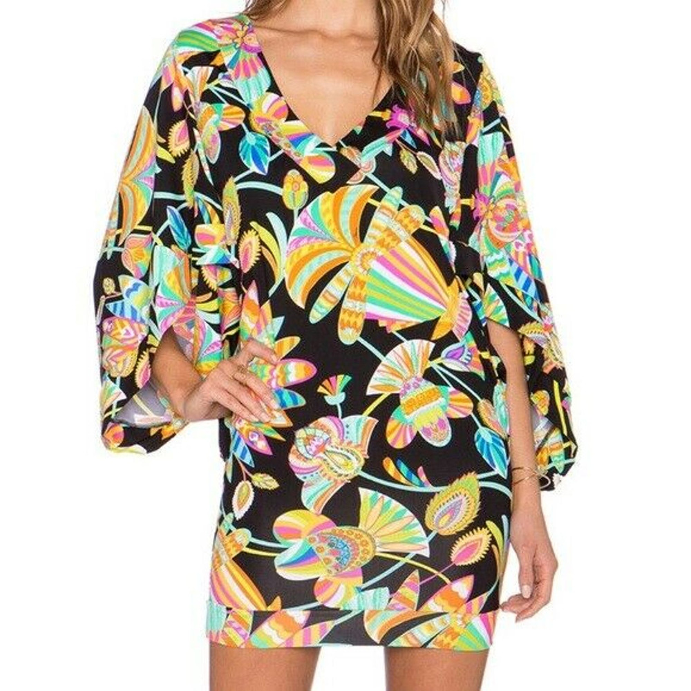 Trina Turk Tahitian Floral Jersey Cover Up Tunic Dress Swim Dolman Mini M